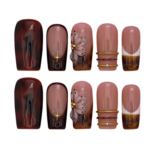 Press On Nails 10-Pack | 25mm Acrylic/UV Gel Nails | Tortoiseshell & Nude Design with Gold Accents | Reusable False Nails for Daily & Special Occasions (amber, S)