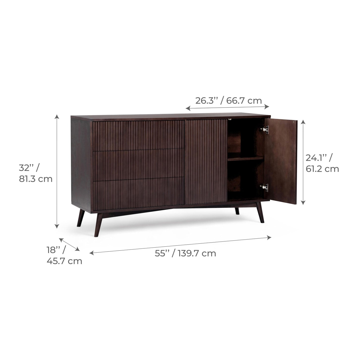 Teamson Home Tremolo 55″ Wide Sideboard Cabinet with 3 Deep Drawers & 2 Push-Open Doors, Adjustable Shelf & Rubber Wood Feet, Fluted Fronts in Contemporary Style for Living, Dining Room, Espresso