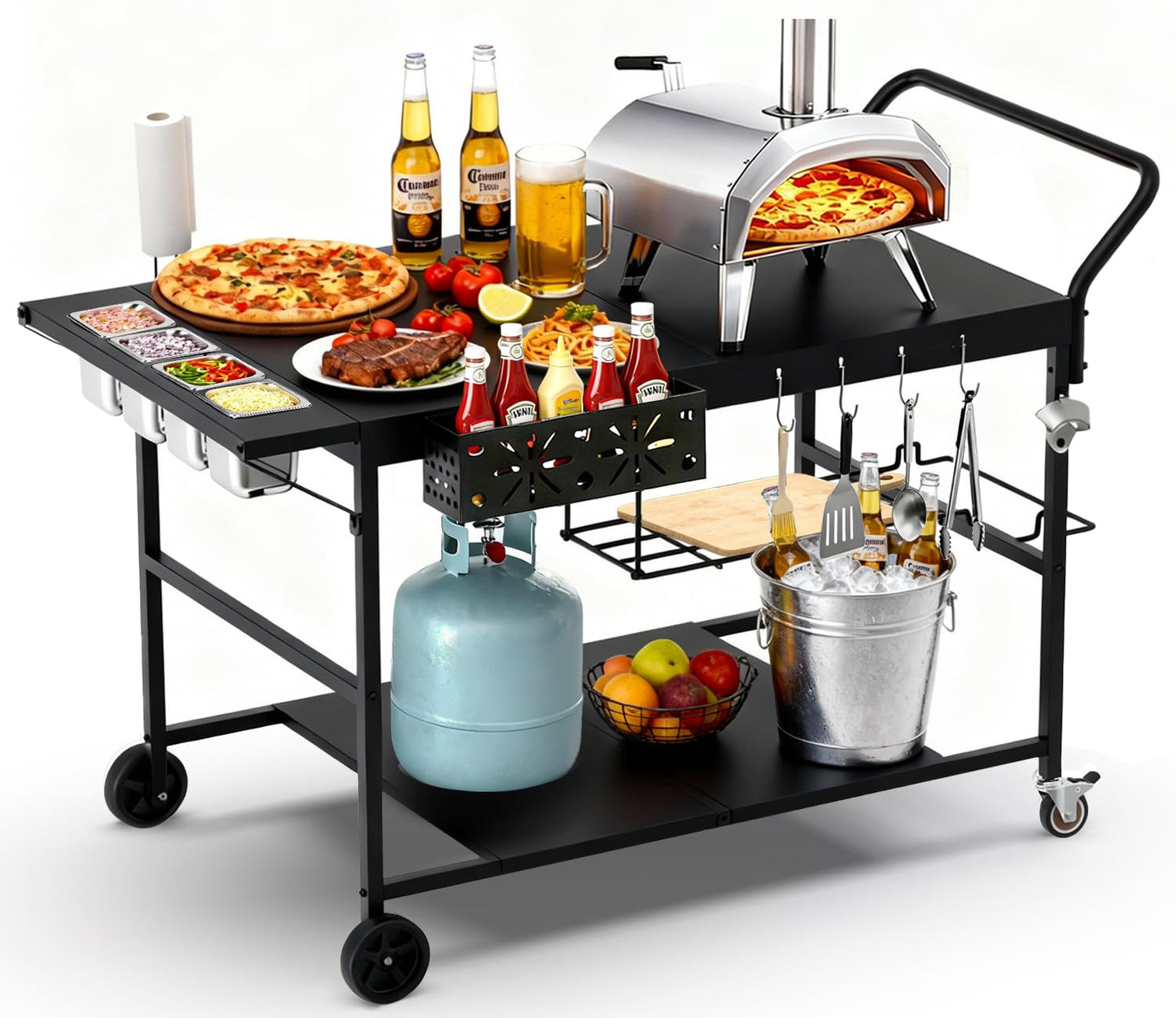 Lezbanz Pizza Oven Table with Topping Station, Outdoor Pizza Oven Cart, Grill Cart Table for Blackstone Griddle, Pizza Prep Station with Storage & Seasoning Tray, for Ninja, Cuisinart, Gozney