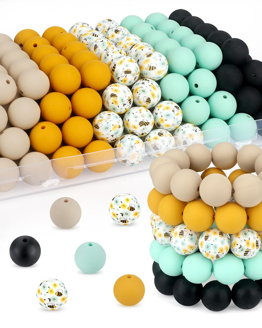 SALUOKE 100 Pcs 15mm Silicone Beads for Keychain Making, Bee Silicone Beads Bulk Round for Bracelets Pens Crafts Jewelry Making (Bee)