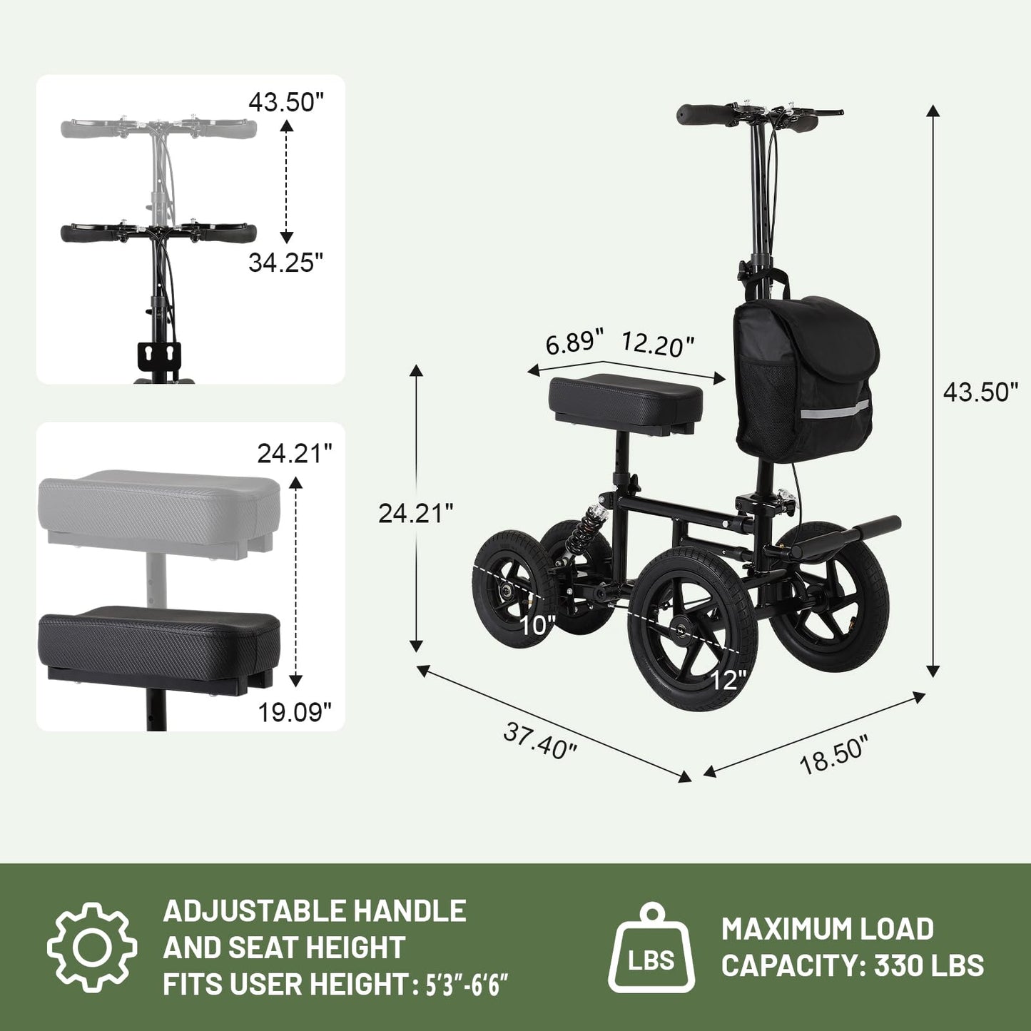 FAHKNS Mobility All Terrain Knee Scooter Walker for Foot Injuries: Adult Broken Leg Crutch Cart Roller for Surgery,Broken Foot,Ankle Injury,Kneeling Rolling Steerable Seated Wheel Scooter