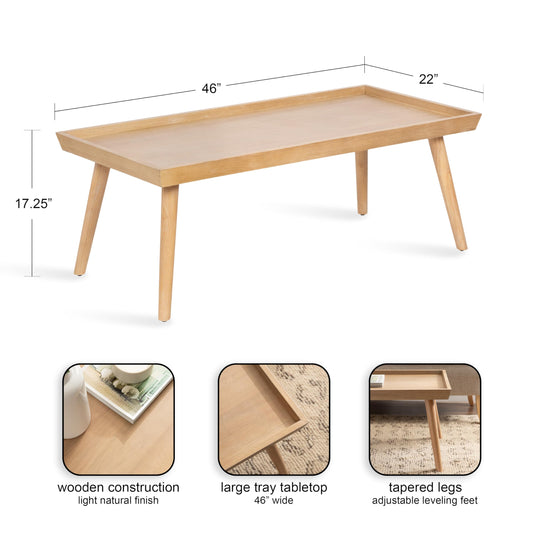 Kate and Laurel Eastmont Rectangle Wood Coffee Table; 46 x 22 x 17; Light Natural; Large Mid-Century Wooden Living Room Table with Stylish Tapered Legs and Adjustable Feet