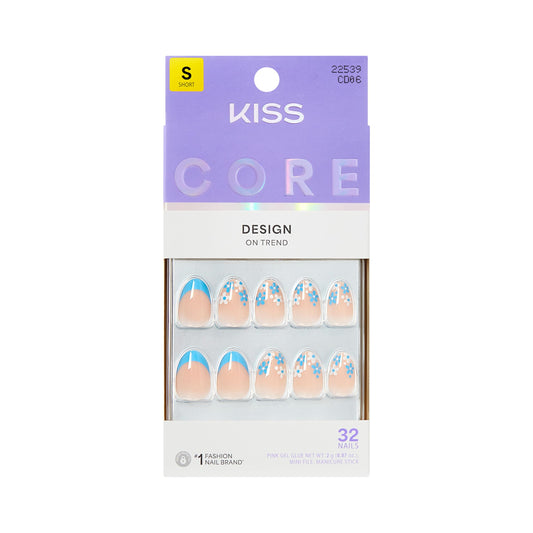 Kiss Core, Press On Nails, Nail glue included, 'Tune', Blue, Short Size, Almond Shape, Includes 32 Nails, 2g Glue, 1 Manicure Stick, 1 Mini File