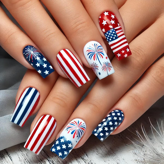 4th of July Press on Nails Medium Square Fake Nails Independence Day French Tips Firework Design False Nails Full Cover Glossy American Flag for Women Patriotic Nails Decoration 24Pcs