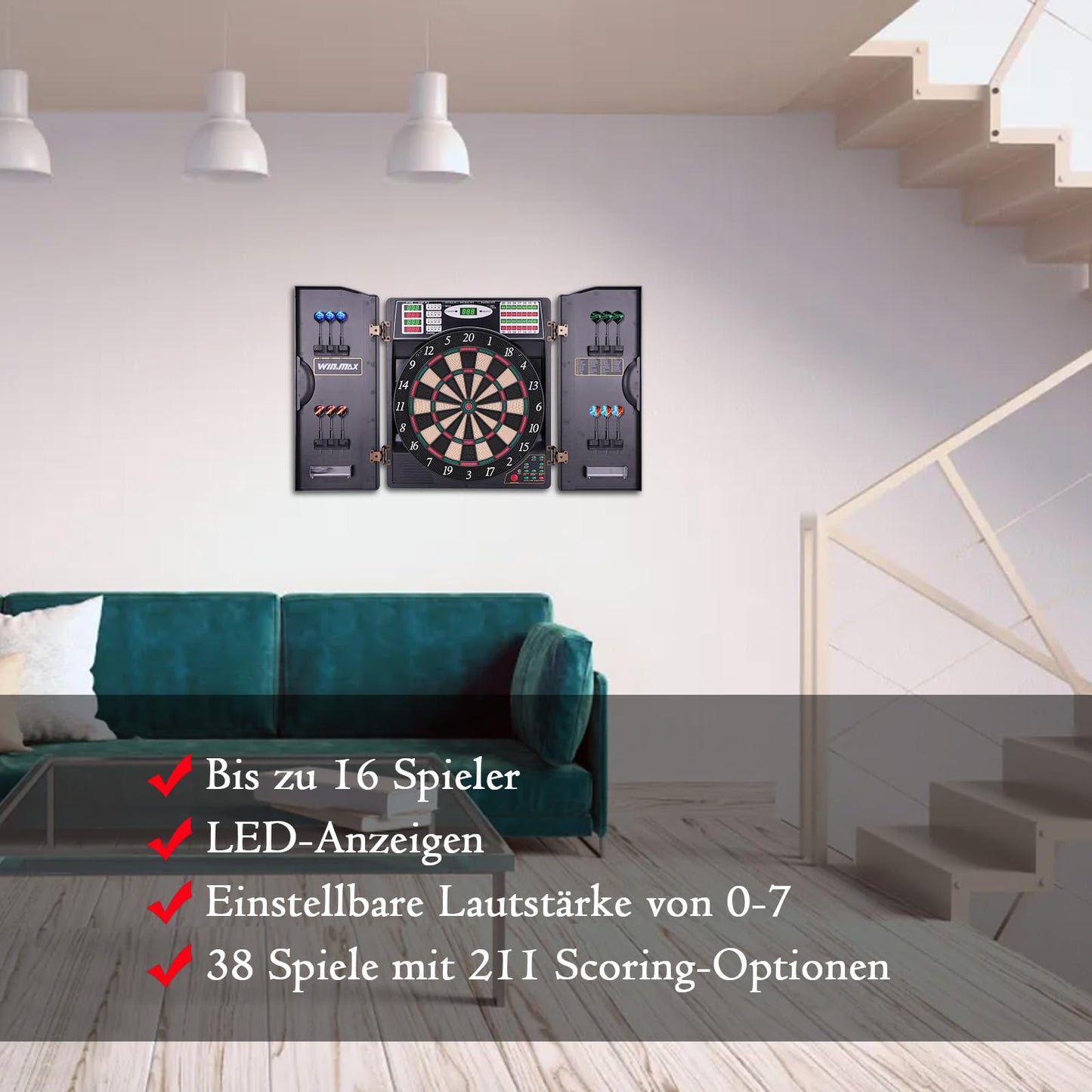 Electronic Dart Board LED Electric Digital Dart Boards for Adults with Cabinet with 12 Soft Tip Dartboard Set