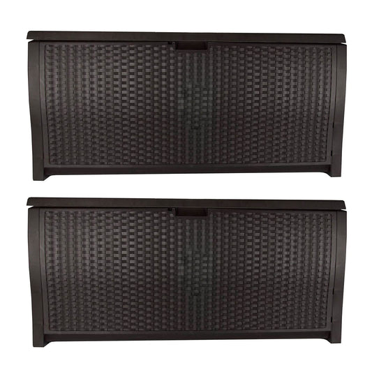 Suncast 99 Gallon Plastic Wicker Deck Box Container Storage for Garden, Garage, Home, Pool, Indoor and Outdoor Use, Mocha (2 Pack)