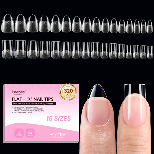 Beetles Gel Nail Tips Flat-X - Almond Square Short, 320pcs 16 Sizes, Pre-Etched Half Matte Full Cover Soft Acrylic False Nail Tips Easy DIY Press on Nail Extension Salon for Flat & Natural Nail Beds