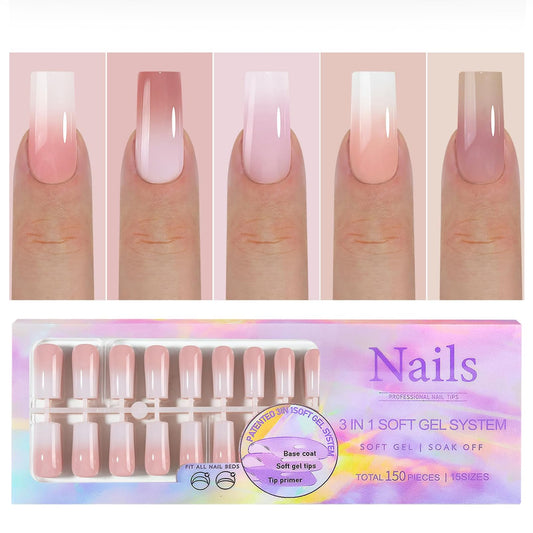 150 Pcs Press on Nails Long - White Gradient Glue on Nails Medium Acrylic Nails Nail Tips Square Stick on Nails Square Nail Tips Coffin Press on Nails for Gift