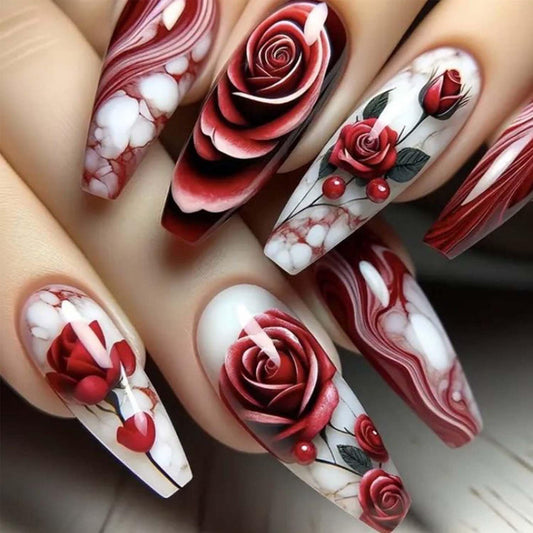 24pcs Rose Press On Nails Medium Coffin Fake Nails Flower With Gradient Design Red Acrylic Nails Full Cover Artificial Nails Glossy Glue On Nails Reusable Stick On Nails For Women Manicure