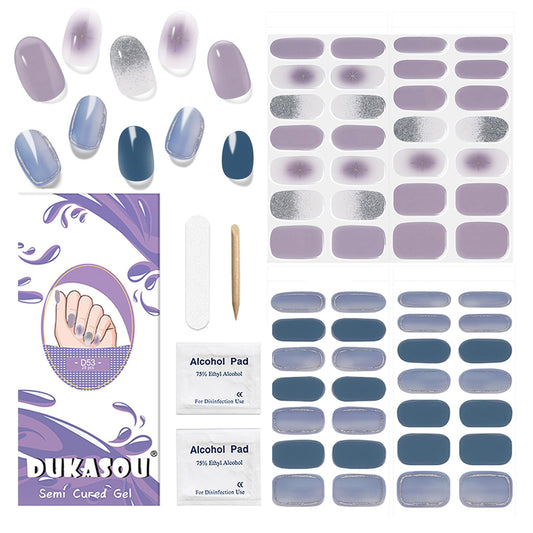 DUKASOU Semi Cured Gel Nail Strips, 56Pcs Nail Art Stickers/Wraps, Long Lasting UV Nail Polish Strips for Adults(Purple Silver Glitter+Light Blue)