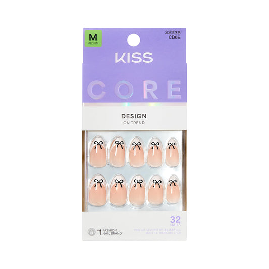 Kiss Core, Press On Nails, Nail glue included, 'Our Moment', Beige, Medium Size, Almond Shape, Includes 32 Nails, 2g Glue, 1 Manicure Stick, 1 Mini File