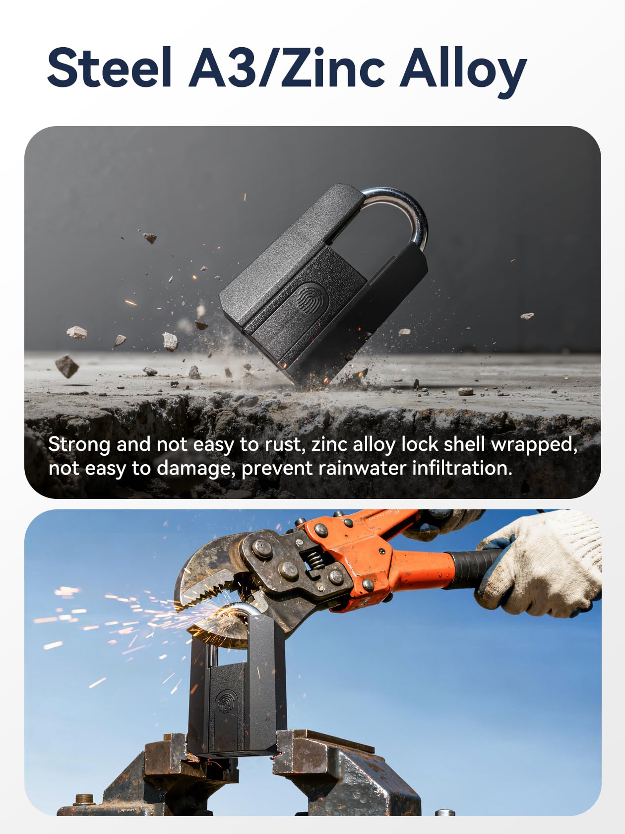 NexusLab Heavy Duty Smart Fingerprint Padlock with Key, IP67 Waterproof Bluetooth Outdoor Gate Lock, Anti-Theft App Control & Log Record, High Security Gym, Fence, Shed, Pool & Storage Unit Locks