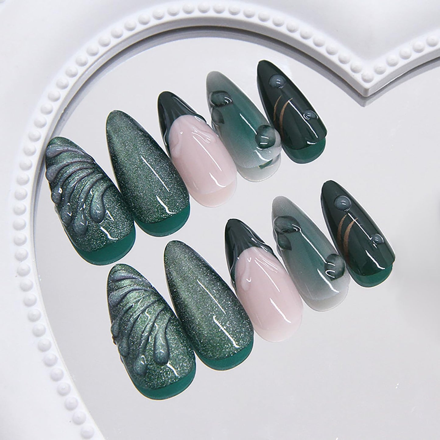 24Pcs Green Press on Nails Medium Almond Fake Nails with 3D Leaves Designs Spring False Nail Reusable Green French Tip Acrylic Nails Glossy Silver Star Full Cover Glue on Nails for Women