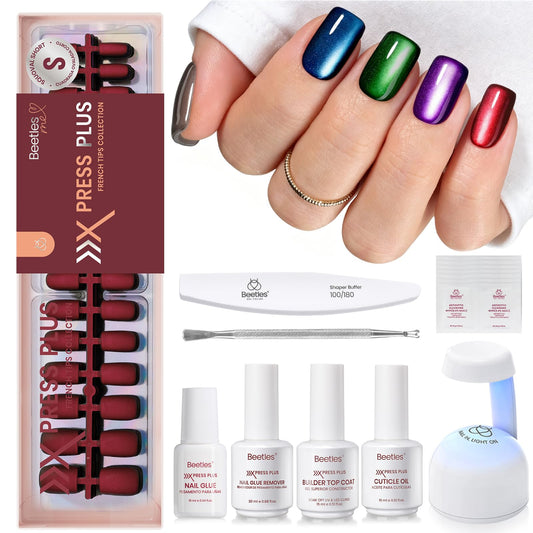 Beetles X Press Cat Eye Nails Kit - Mystic Aurora | 7 Colors Cat Eye Press On Nails Short Square | 224Pcs 16 Sizes All-in-One Kit With Nail Glue,Remover,Builder Top Coat,Nail Lamp Gift
