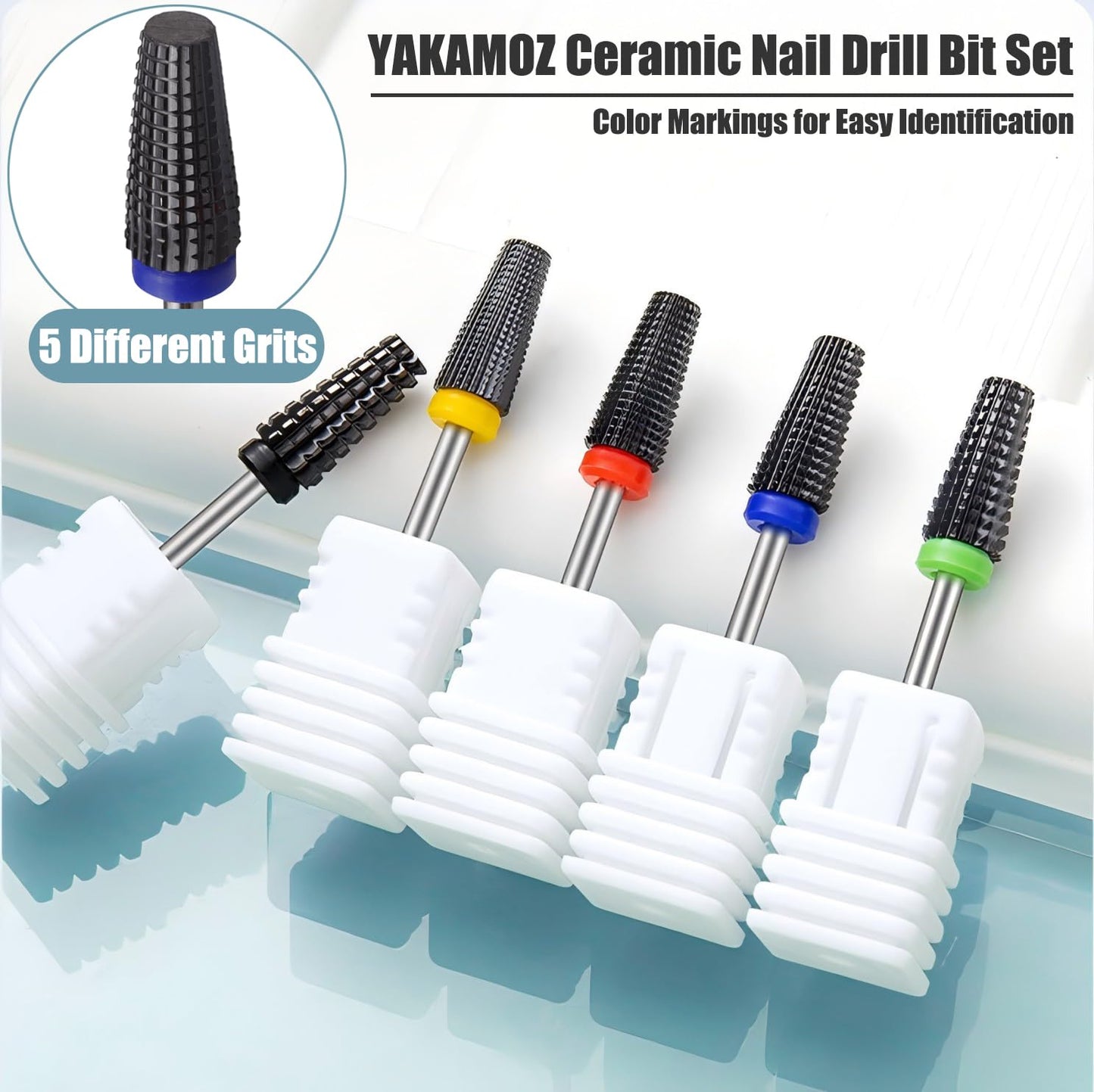 Yakamoz 5Pcs Ceramic Nail Drill Bit Set - 3/32" Professional Electric Nail File Bit Kit Cuticle Nail Bits for Acrylic Nails Poly Gel Removal, Manicure Nail Salon Supplies, Two-Way Rotation