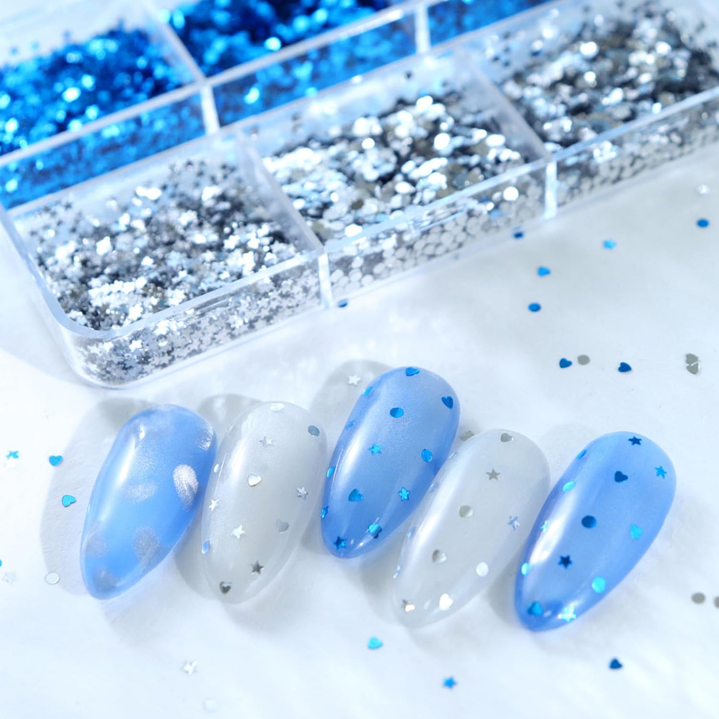 Summer Nail Glitters 6-Grid 1mm Mini Blue Silver Nail Glitter Flake Kit, Mini Mixed Glitter Mail Art, 3D Holographic Sparkly Heart Star Round Design Nail Sequins Paillette for Women Manicure DIY Decor