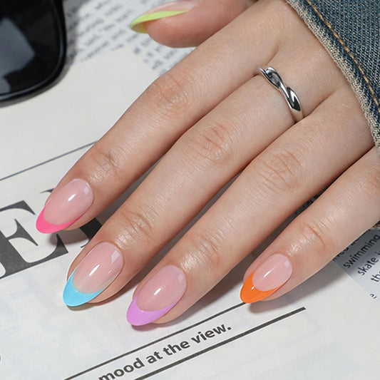 UNA GELLA 32Pcs Soft Gel Press on Nails - 16 Sizes Spring Summer French Tip Almond Glue on Nails, Reusable Neon Pastel Rainbow False Nails, Full Cover Acrylic Nail Kit for Women DIY Home Manicure