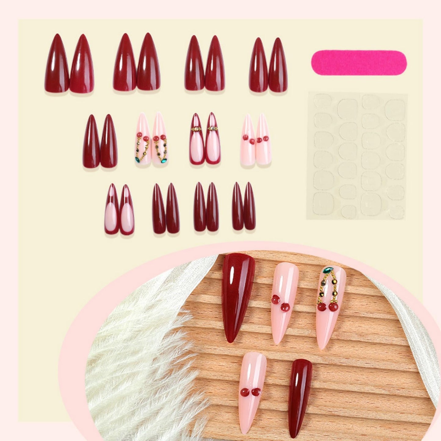 Long Almond Press on Nails for Women,Cherry & Gold Accents,Fake Nails Artificial Stick on Nails