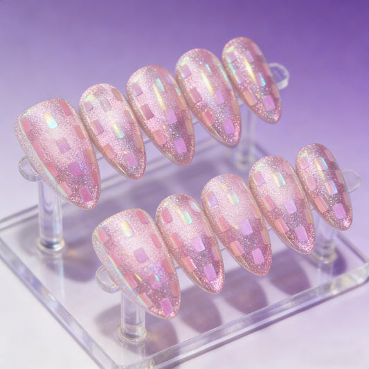 Handmade Press On Nails, Almond Shape Pink Glitter Holographic Checkerboard Fake Nails, Reusable False Nails with Gel Tabs for Women Girls, DIY Manicure for Party Daily Wear M Size