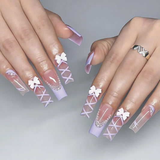 IMSOHOT Purple Press on Nails Long Square Fake Nails French Tips Glossy Acrylic False Nails with Bow Designs Full Cover Artificial Stick on Nails for Women 24Pcs