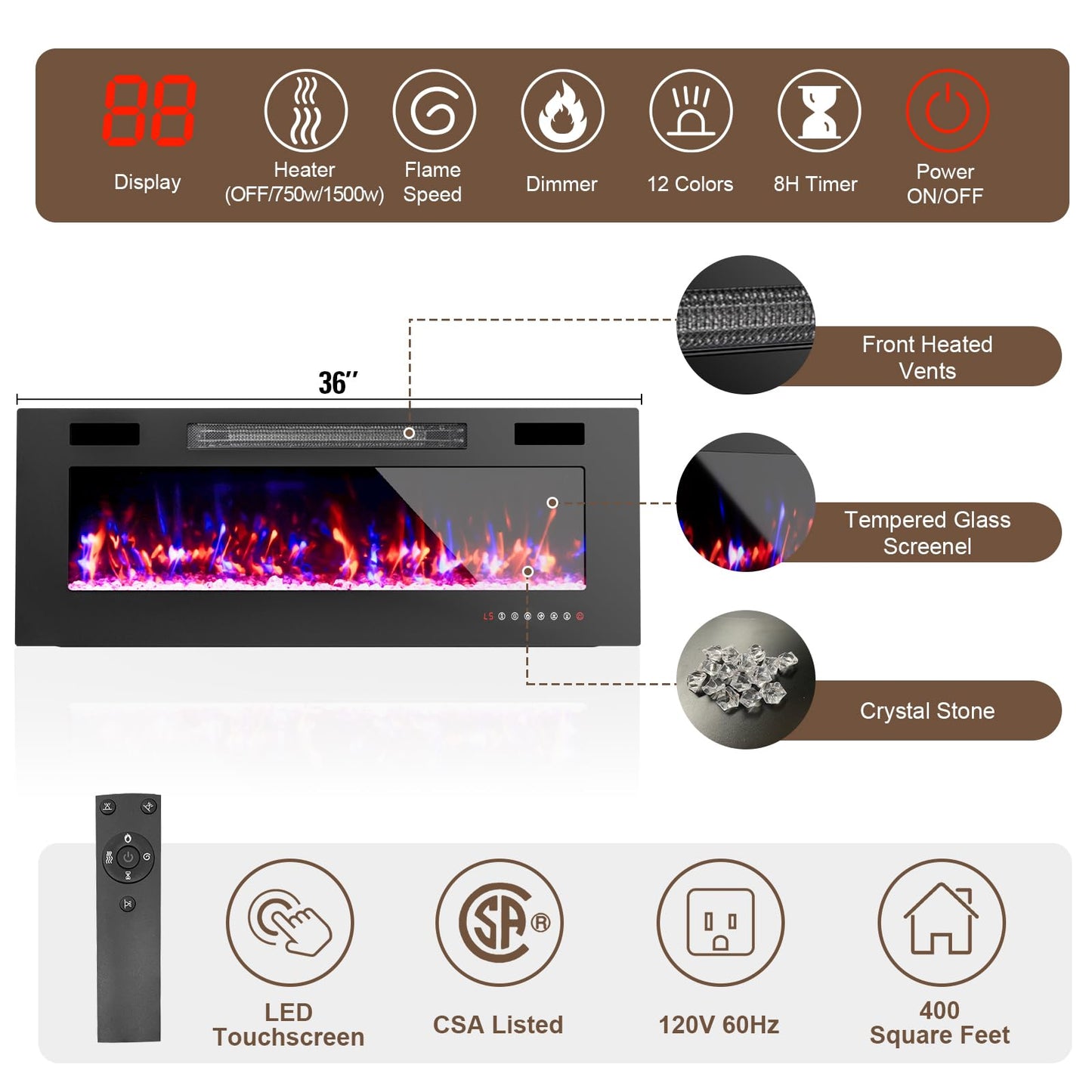 BREEZEHEAT TV Stand with Fireplace-Fireplace TV Stand for 75+ inch TV, LED Entertainment Center for Living Room w/ 36" Fireplace Inserts, TV Console with Cabinet, Power Outlets, Remote Control,White