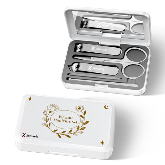 Xsomacis Nail Clipper Set 5 in 1, Manicure Pedicure Kit for Men Women, Stainless Steel Fingernail Toenail Clippers, Professional Nail Grooming Kit with Portable Travel Case & Built-in Mirror