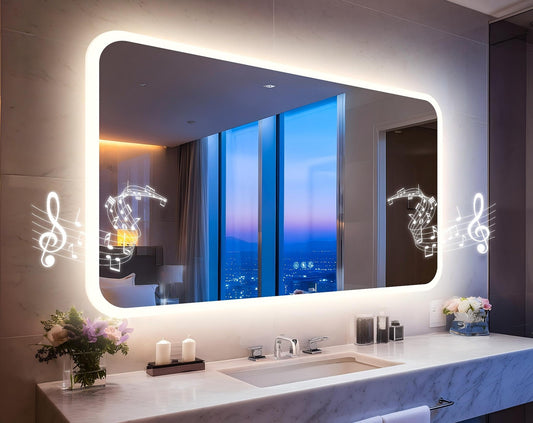 LUVODI Rectangle LED Bathroom Mirror: Smart Bluetooth Vanity Mirror Front-Lit Defogger Stepless Dimming, 27.6x47.3 inch