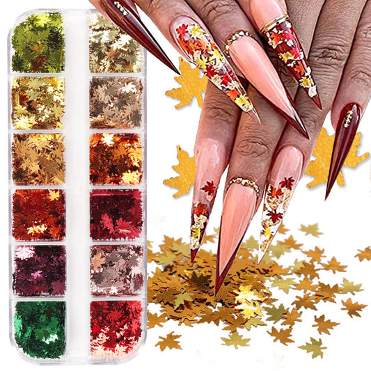 Fall Nail Art Glitters Sequins Kit -12 Colors Fall Nail Art Stickers Retro Maple Leaf Shape Decals Maple Leaves Glitter Sequins Vintage Autumn Winter Supplies Manicure Design Nail Decoration Accessory