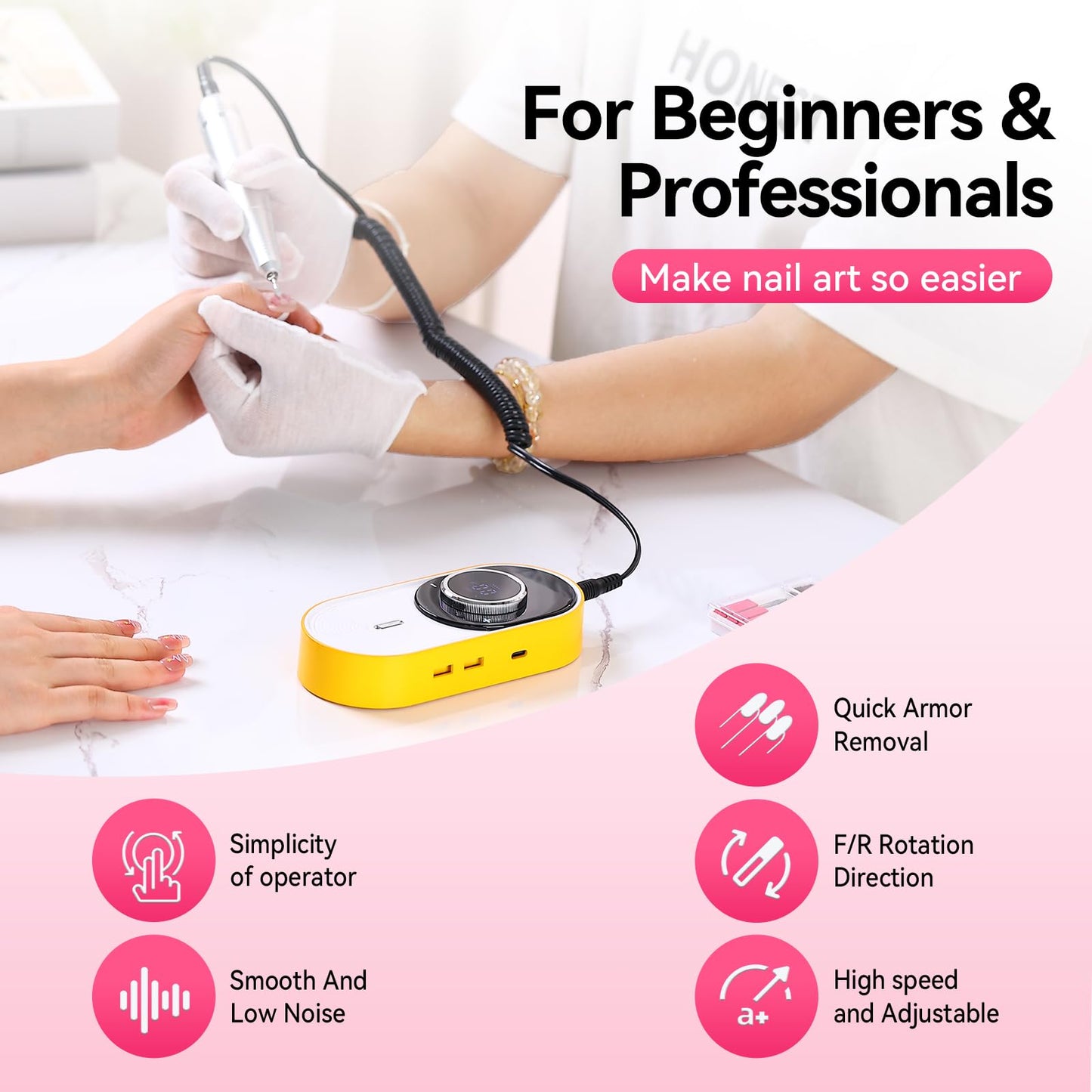 Electric Nail Drill Machine Rechargeable Portable Nail File Electric DIY Nail Drill Kit 45000RPM with Smart LCD Screen for Gel Nail Manicure and Pedicure Reflective Body etc (Orange)