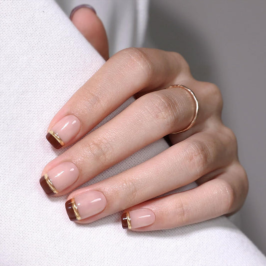 Brown French Tip Press on Nails Short Square - GJZEZ Soft Gel Glossy Autumn Thanksgiving Fall Fake Nails Press ons with Gold Stripes Designs for Women | 16 Sizes - 32 Reusable False Nail, Espresso