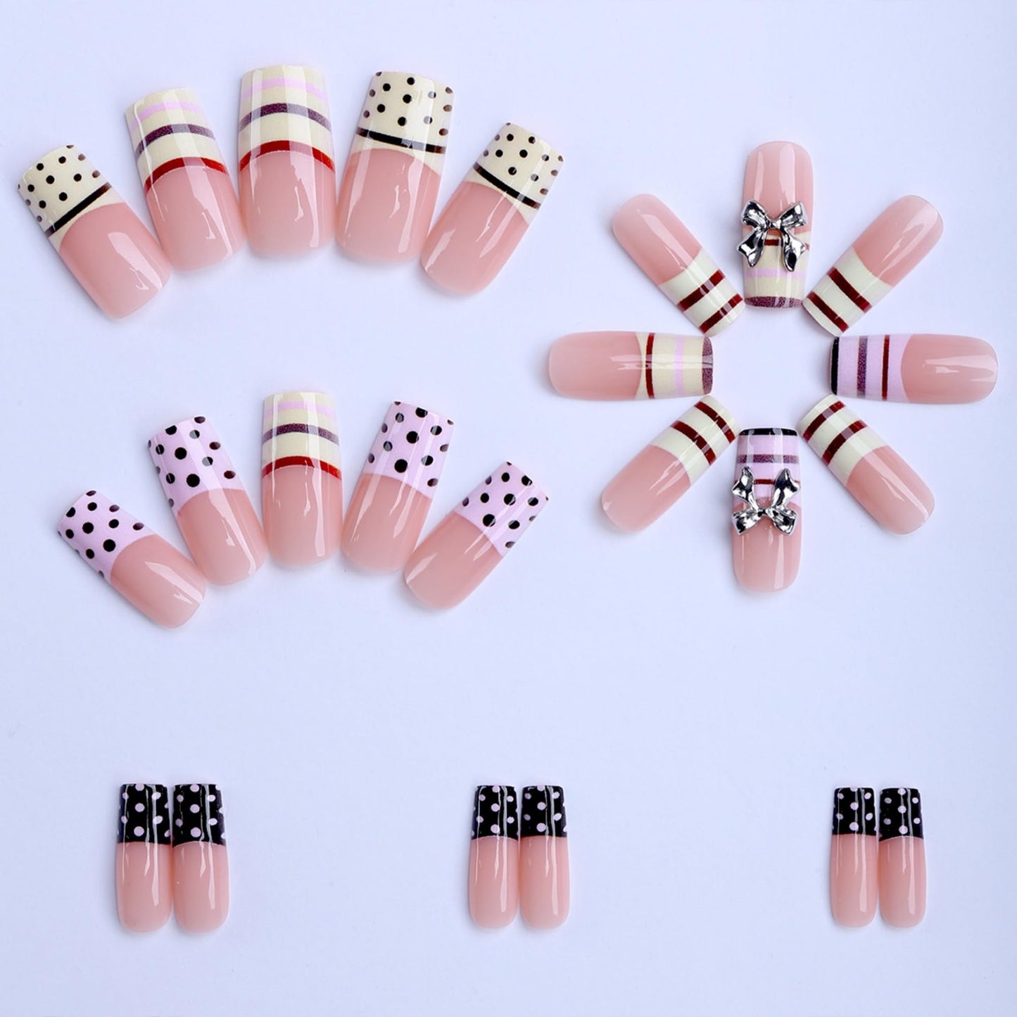 octoswave 3D Bow Press on Nails with Stripes and Polka Dots, Medium Square Acrylic Glue on Nails for Wedding Party Dating, 24Pcs
