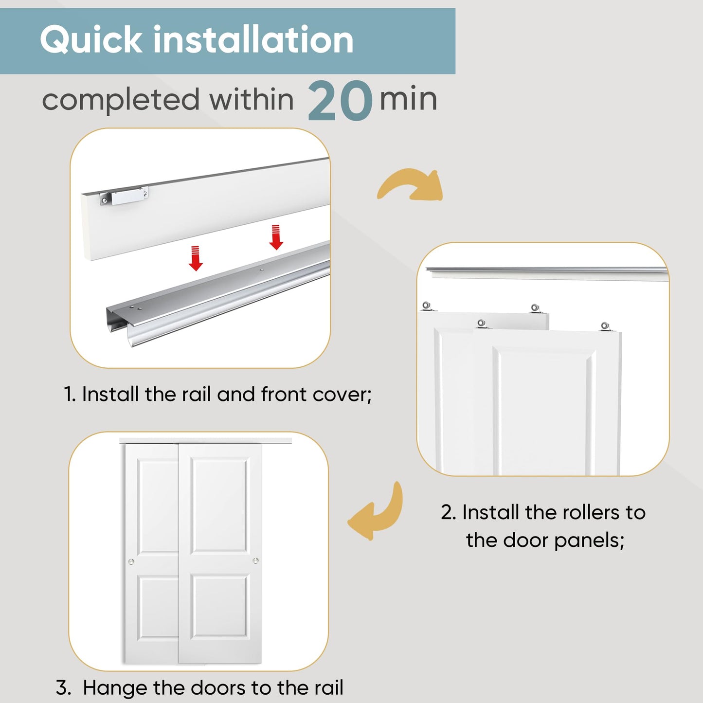 JUBEST 72x80 in Sliding Closet Door, Raised 2-Panel Square Top White Primed Hollow Core Door Slab with Hardware Kits & Matching Fascia, Pre-drilled & Paintable, Space-Saving for Bedroom Laundry