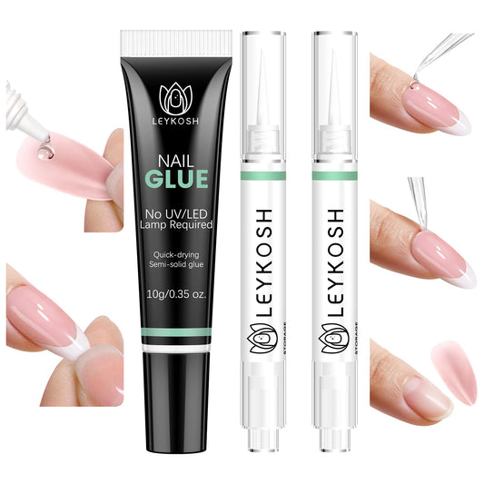 Leykosh Nail Glue for Press Ons 10g & 2*5ml Nail Glue Remover Pens, 10s Quick Dry Semi Solid Glue on Nails No Lamp Needed, 28+ Days Strong Hold, Damage Free Easy Off, Not for Gel Polish or UV Curing