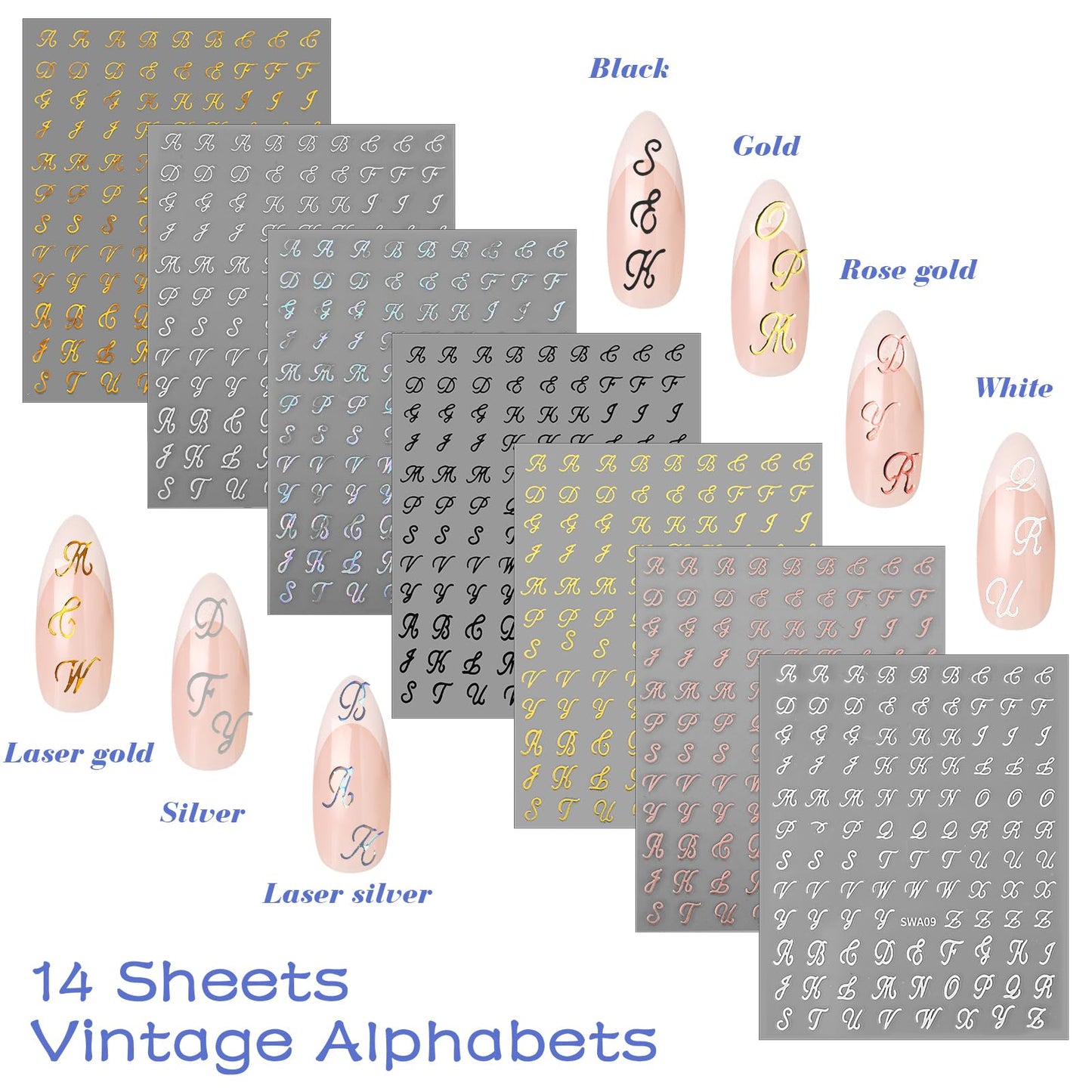 14 Sheets Letter Nail Stickers for Nail Art, 3D Self-Adhesive Black White Gold Silver Old English Nail Letter Stickers, Nail Art Stickers DIY Decoration Nail Accessories for Women Girls