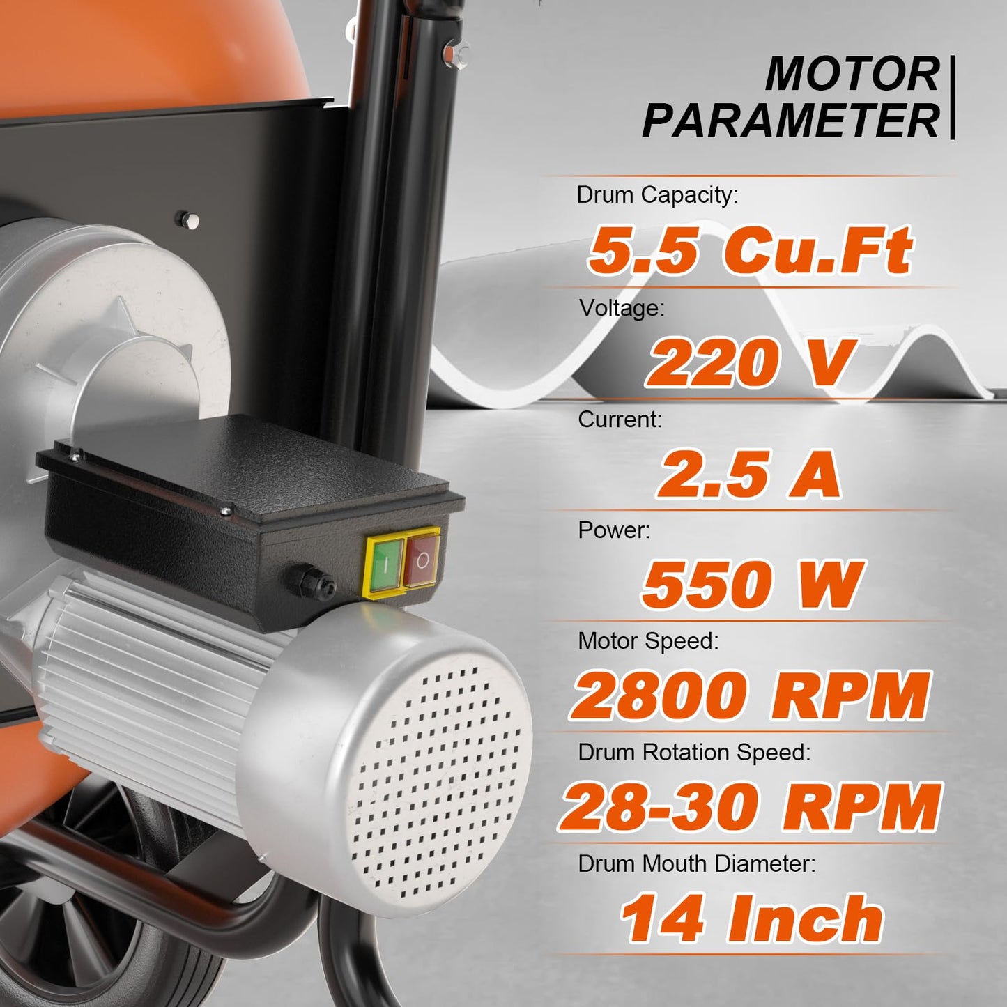 5.5CuFt Heavy-Duty Electric Cement Mixer 550W，220V Portable Concrete Mixer with Steel Frame & 2800 RPM Motor，Wheelbarrow Style for Construction, Garden, DIY
