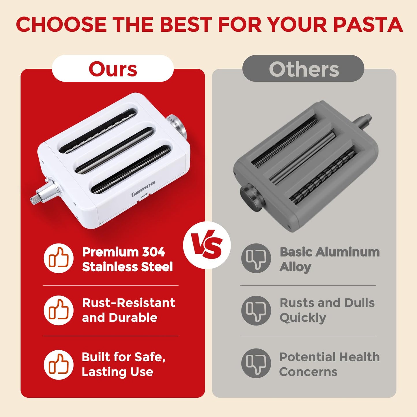 Pasta Maker Attachment for KitchenAid Stand Mixers 3-in-1 Stainless Steel Pasta Roller, Spaghetti/Fettuccine Cutter for KitchenAid Mixer Accessories & Pasta Press by Gomen