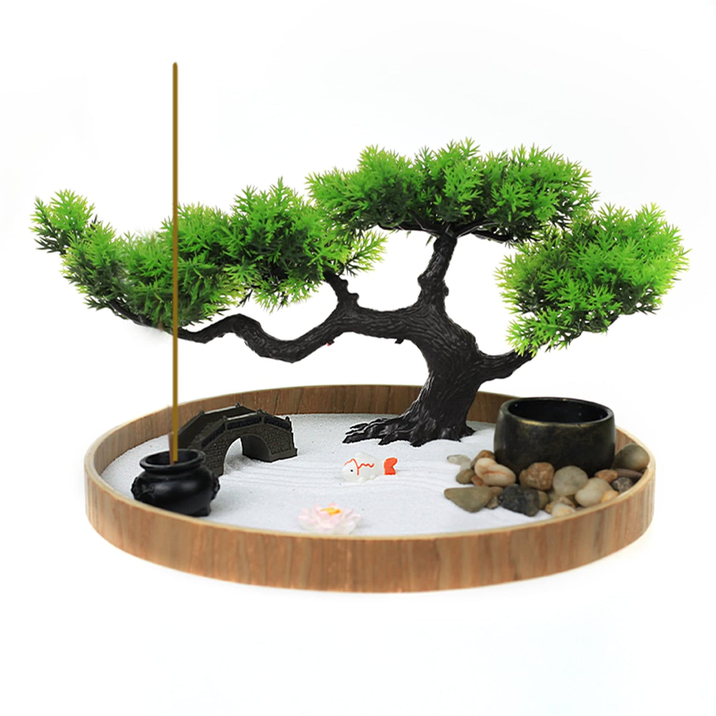 Timani Japanese Zen Garden for Desk - Zen Garden Sand Kit, Artificial Bonsai Tree, Rakes & Accessories - Japanese Decor Office Home Desktop Relaxation Sandbox Decor. 9.5" Inches Wooden Round Tray