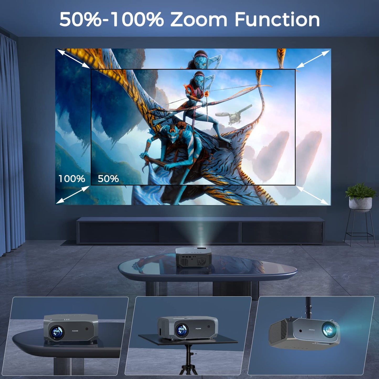 FUDONI Projector with WiFi and Bluetooth, Native 1080P Outdoor Movie Projectors 4k Supported, 15000L Portable Home Theater Projector Max 300", Indoor&Outdoor Use, Black