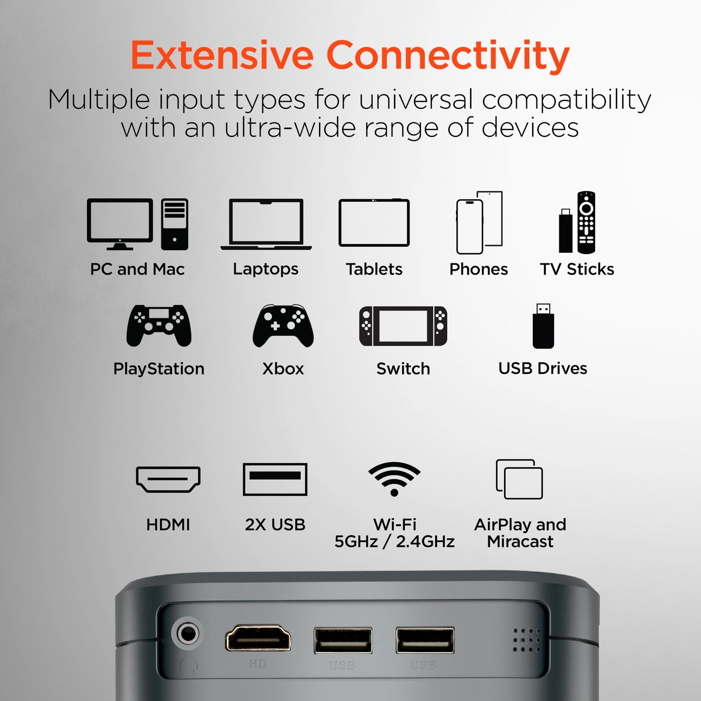 HyperGear Mini Portable Projector with Wifi & Bluetooth, 5W Speaker, 30-200 Inch Picture, Movies, Games & Streaming, 1280 x 720p HD Resolution Brightness of 160 ANSI Lumens