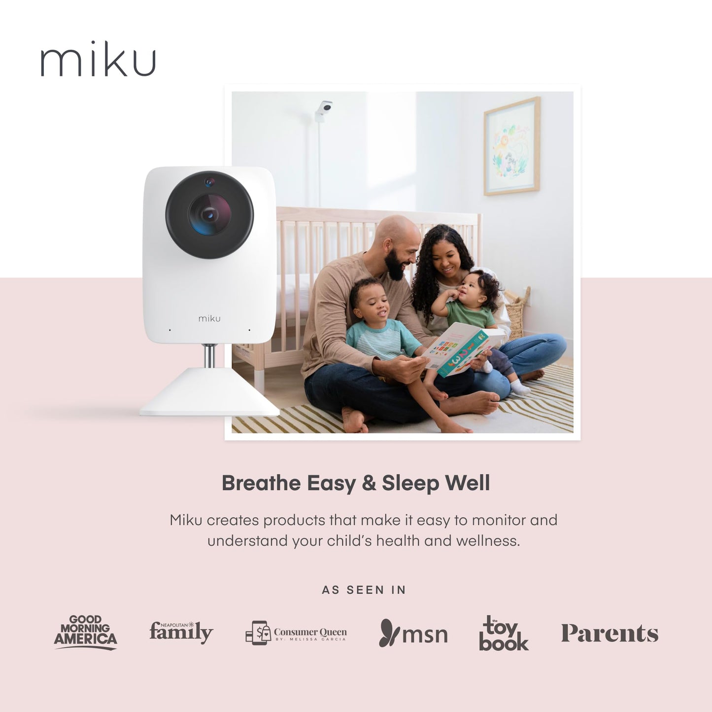 Miku Pro Smart Baby Monitor with Camera, Track Live Breathing with No Wearable, Real-Time Alerts, Sleep Analytics, 1080p Wi-Fi Video, Night Vision, and 2-Way Audio, Wall Mount Included