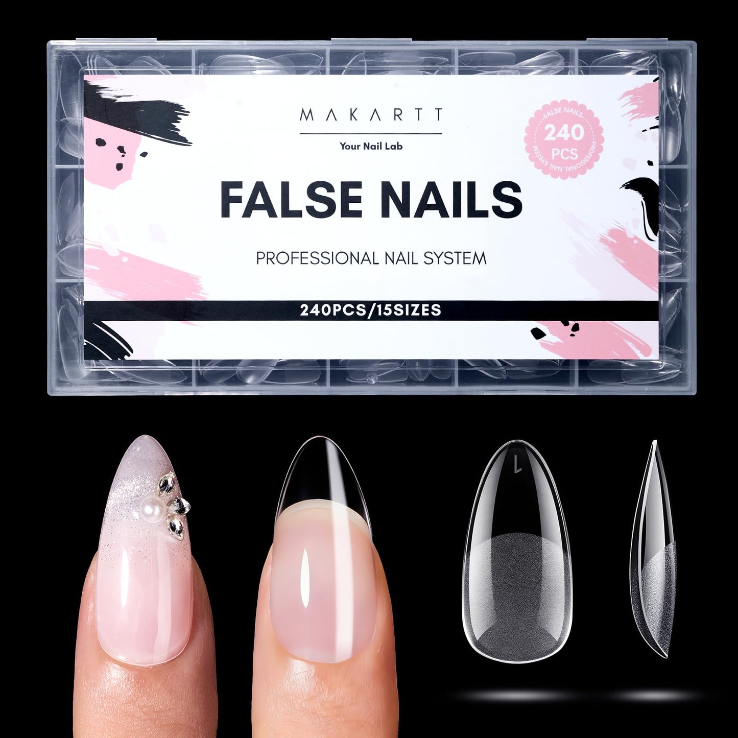 Makartt Medium Almond Nail Tips: 240PCS, 15 Sizes, Half Matte, Clear Fake Nails Stiletto Shapes - Full Cover Soft Acrylic Press On Nail Extensions for Flat Natural Nail Beds Salon and Home DIY