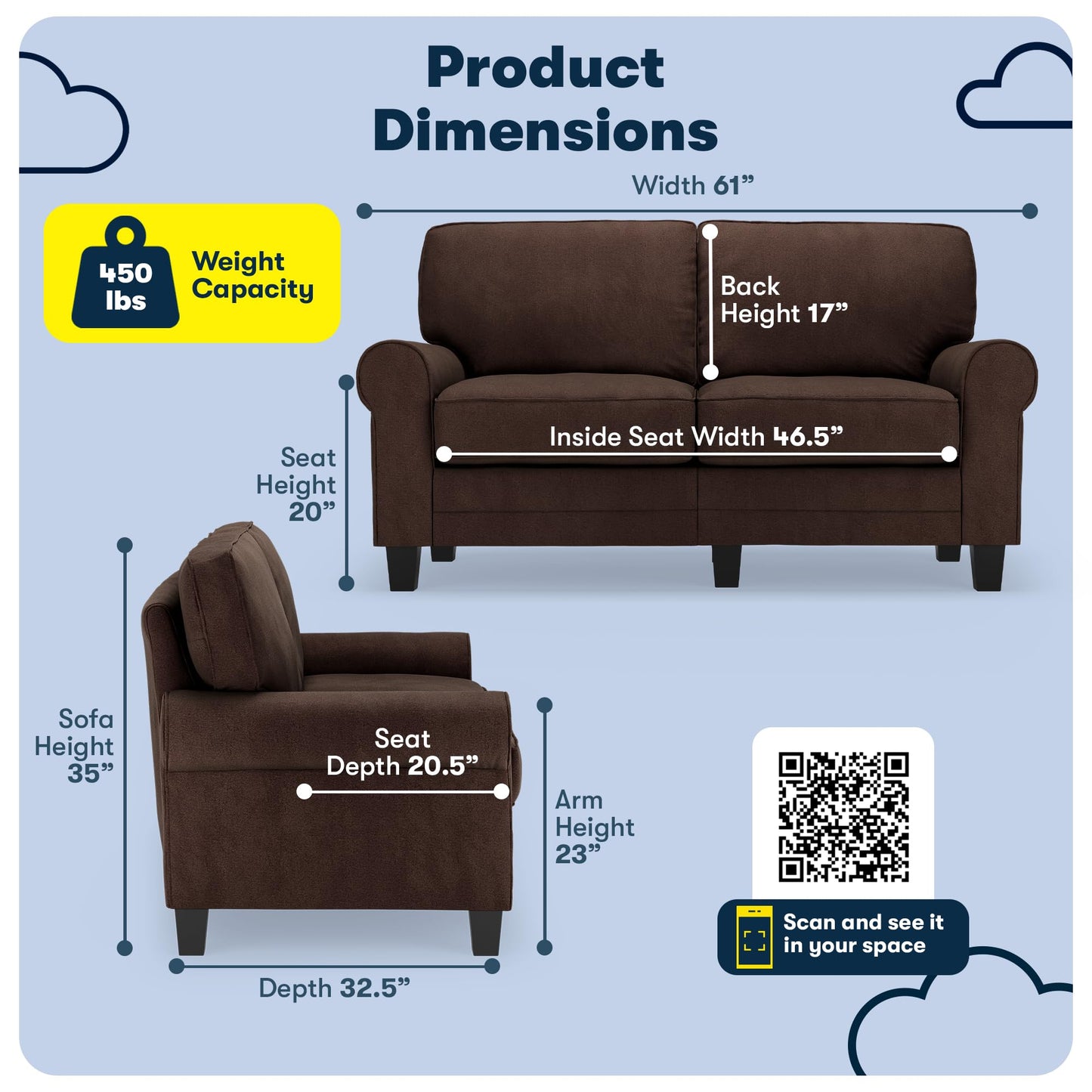 Serta Copenhagen 61" Rolled Arm Sofa, Easy Care Polyester, Soft Pillow Back, Pocket Coil Seat Cushions, Removable Covers, Loveseat or Couch for Small Spaces, Living Rooms or Bedrooms, Brown