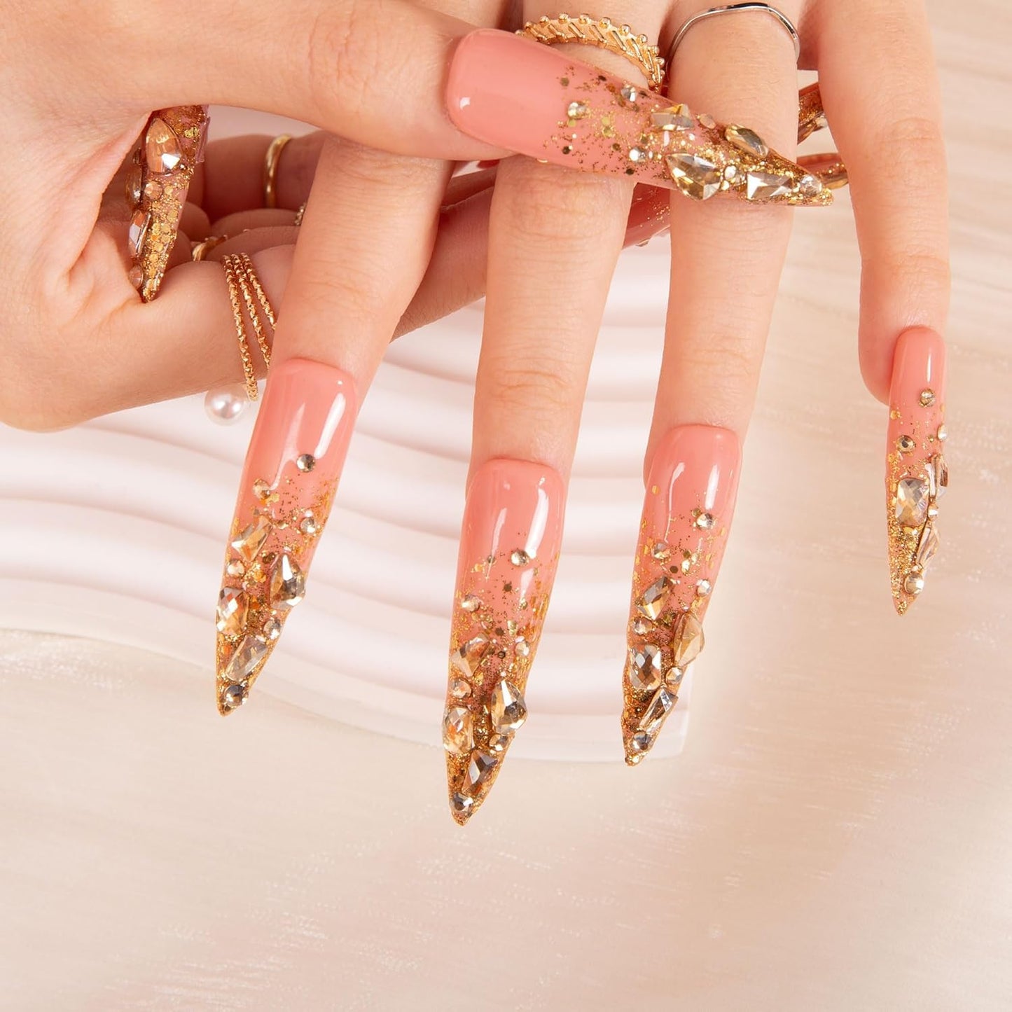 LOVFUL Reusable Press on Nails | Stardust Gold Rhinestone | Salon Quality Sustainable Style Handmade with Full Covered Crystals | Stiletto Long 2.2 in | H84-S