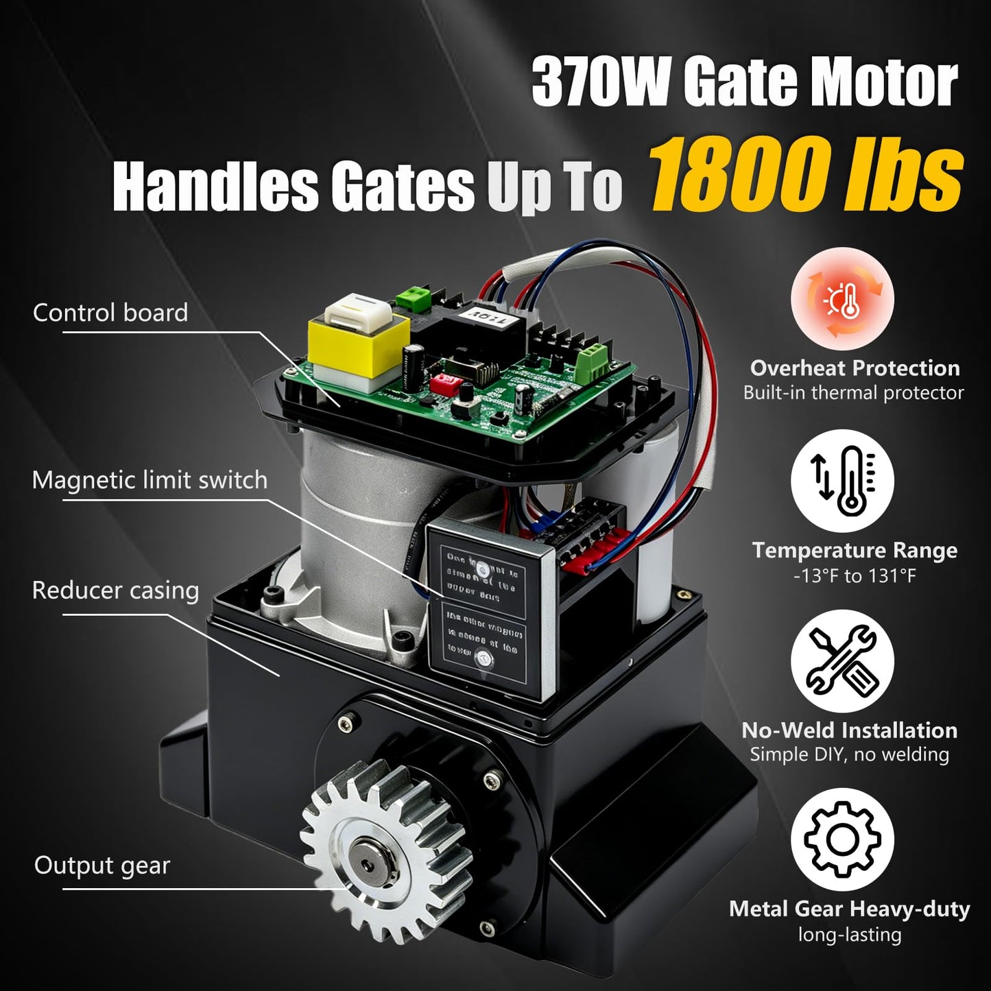 1800Lbs Heavy Duty Sliding Gate Opener, 370W AC Automatic Gate Motor with Nylon Rack, No Welding Electric Gate Opener Kit with 4 Remote Controls, DIY Easy Installation, Up to 40ft Sliding Gate