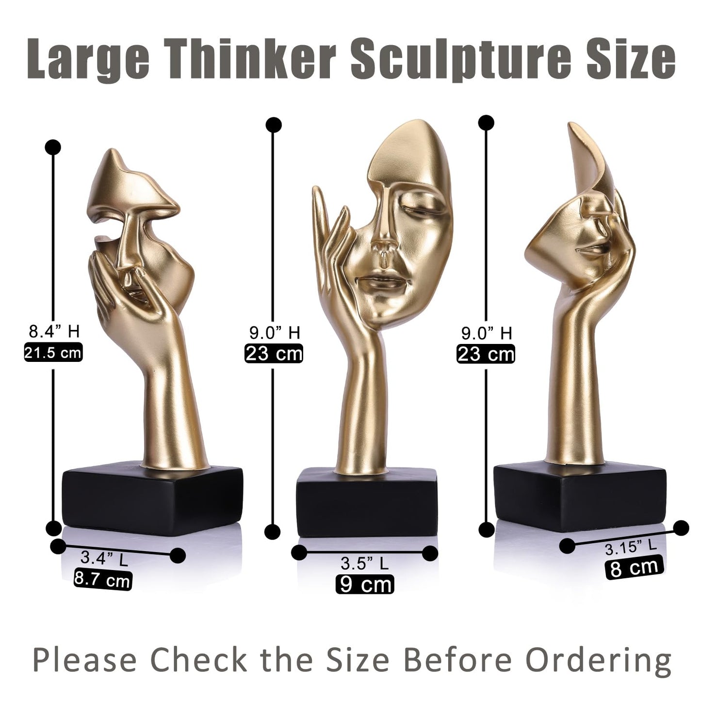 oliruim 3 Pcs Thinker Large Statue Set - Black Glod Art Abstract Home Accent Figurines for Living Room, Bedroom, Shelves, Office Desktop, Coffee Table Decor, Gift for Women (3 Pcs Black Glod, 9")