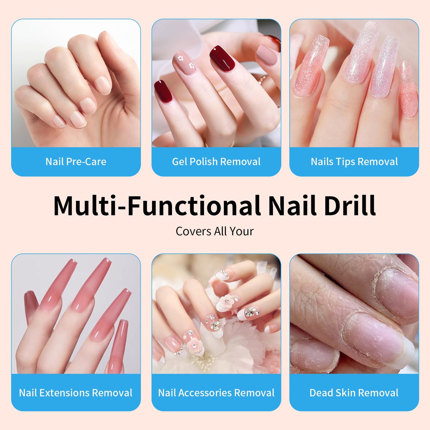 Electric Nail Drill Machine 45,000RPM - Professional Electric and Rechargeable Nail Drill with LCD Display, 6 Bits and 30 Sanding Bands, Low Heat Quiet E-File for Acrylic Gel Nails V9-3