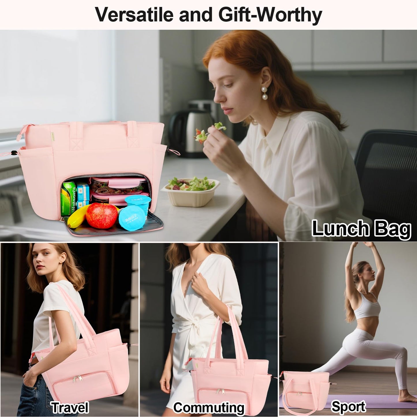 Veirdro Work Laptop Tote Bag for Women with Insulated Lunch Compartment, Lightweight Puffy Lunch Tote Bag with 15.6 Inch Laptop Compartment, Quilted Laptop Bags for Office Commuter Teacher Nurse Pink