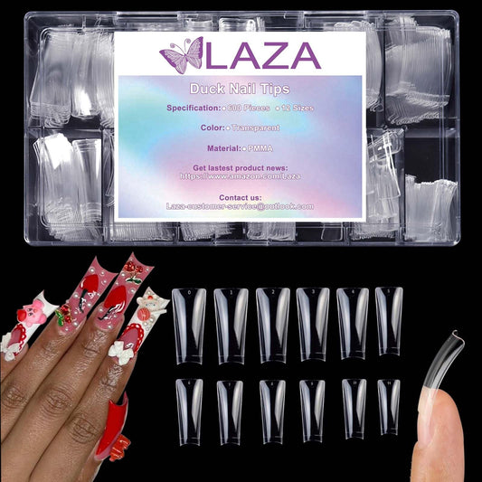 Laza 600pcs Long Duck Nail Tips 12 Sizes Box-packed Clear Duck Nails Half Cover Wide Nail Tips French False Nail Tips for Acrylic Nails Extension Tips — 41MM