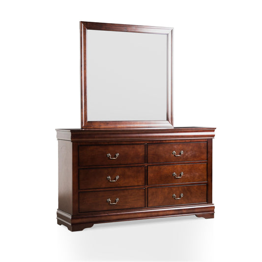 Furniture of America Louis Philippe Traditional Wooden 6 Drawer Dresser with Mirror, Vintage Bedroom Set, Accent Vanity Dressing Table with Antique Nickle Handles, Walk-in Closet, Cherry