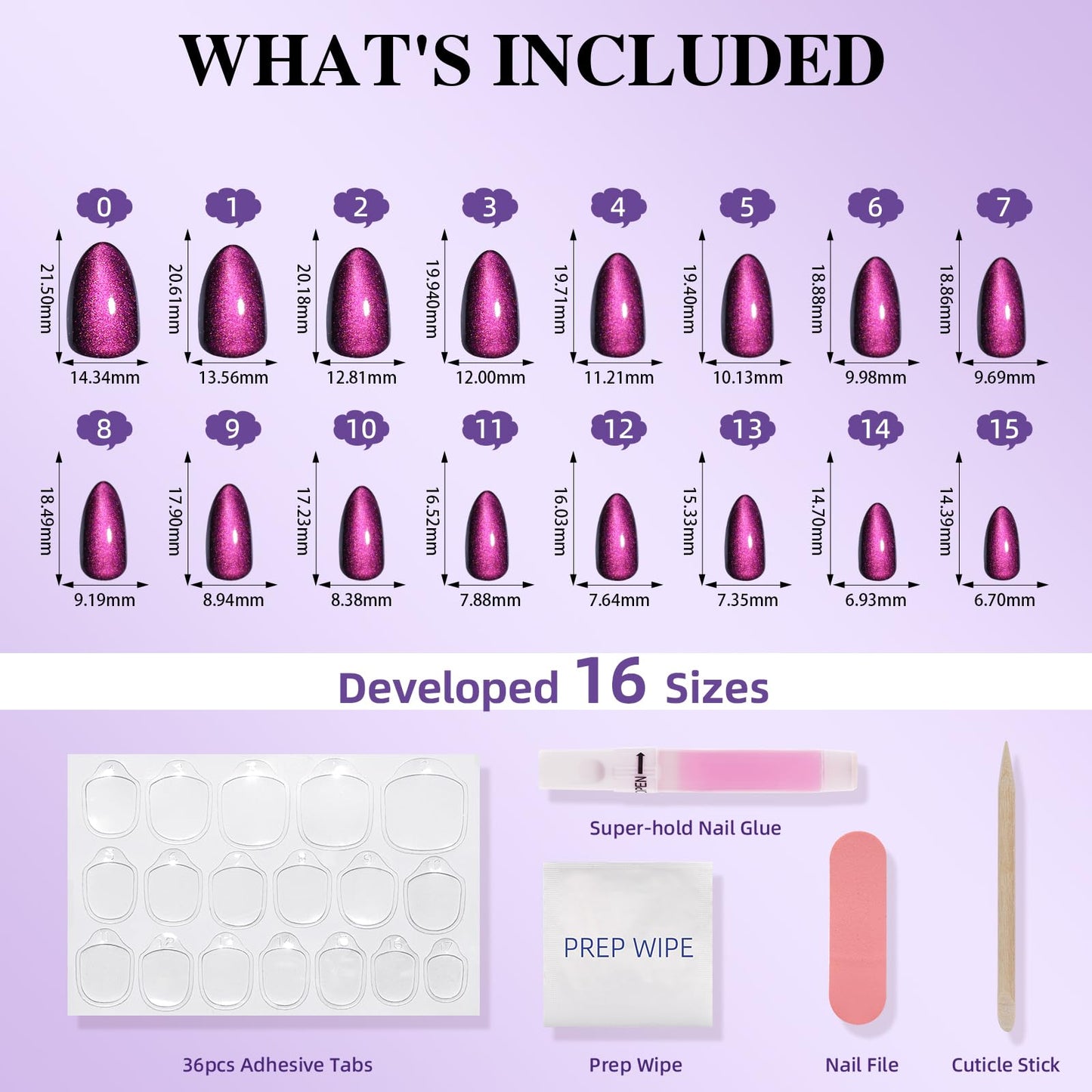 Purple Cat Eye Press On Nails - Short Almond Cat Eye Nails Press Ons for Women Fake Nails with Glue, Glossy Reusable Glue on Nail in 16 Sizes - 32pcs